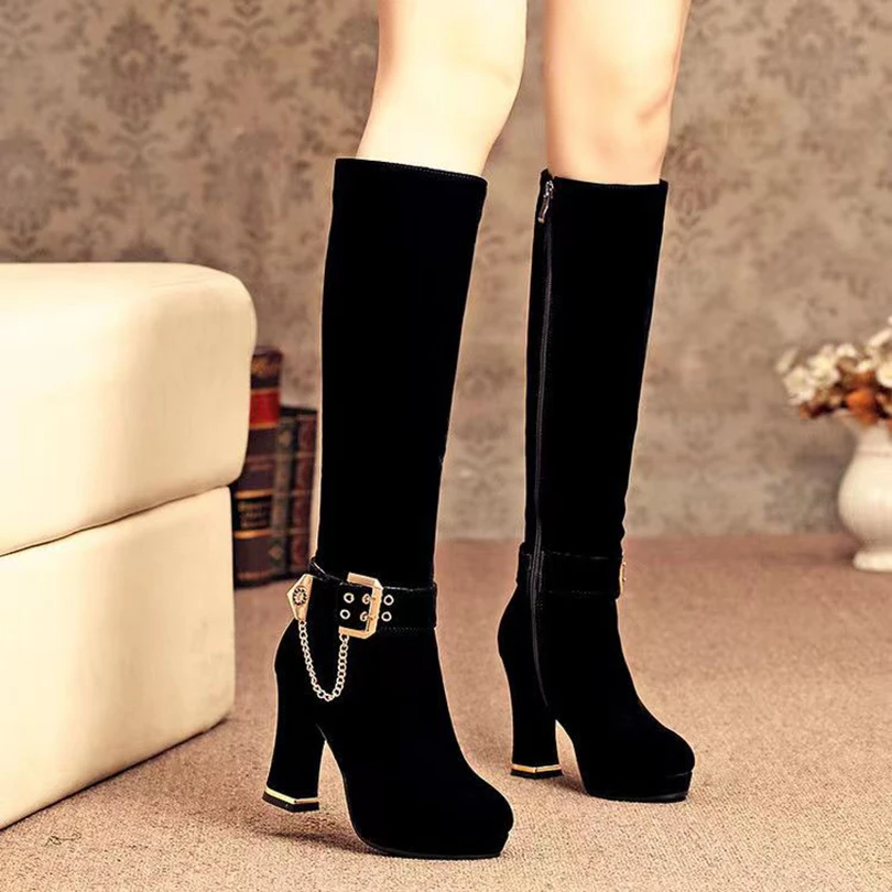 

Ankle Metal Belt Buckle Metal Chain Frosted Flock Women's Elastic Boots Platform Ultra-High Thick Heel Zipper Knee High Boots