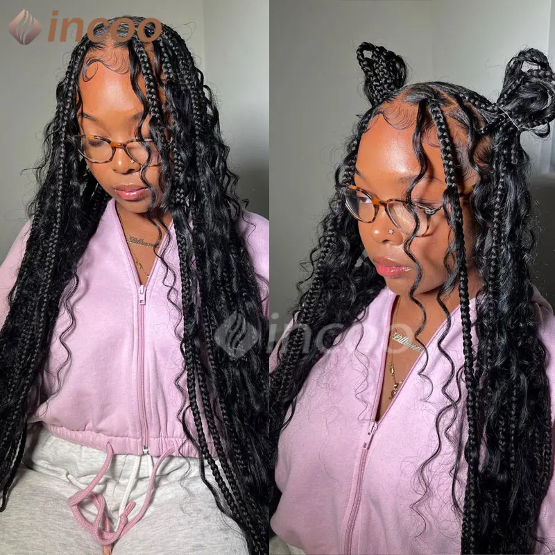 

Bohemia Box Braided Wigs Synthetic Full Lace Wigs Curly Ends Brown Long Goddess Braid Lace Front Wigs Braids Wig with Curly Ends