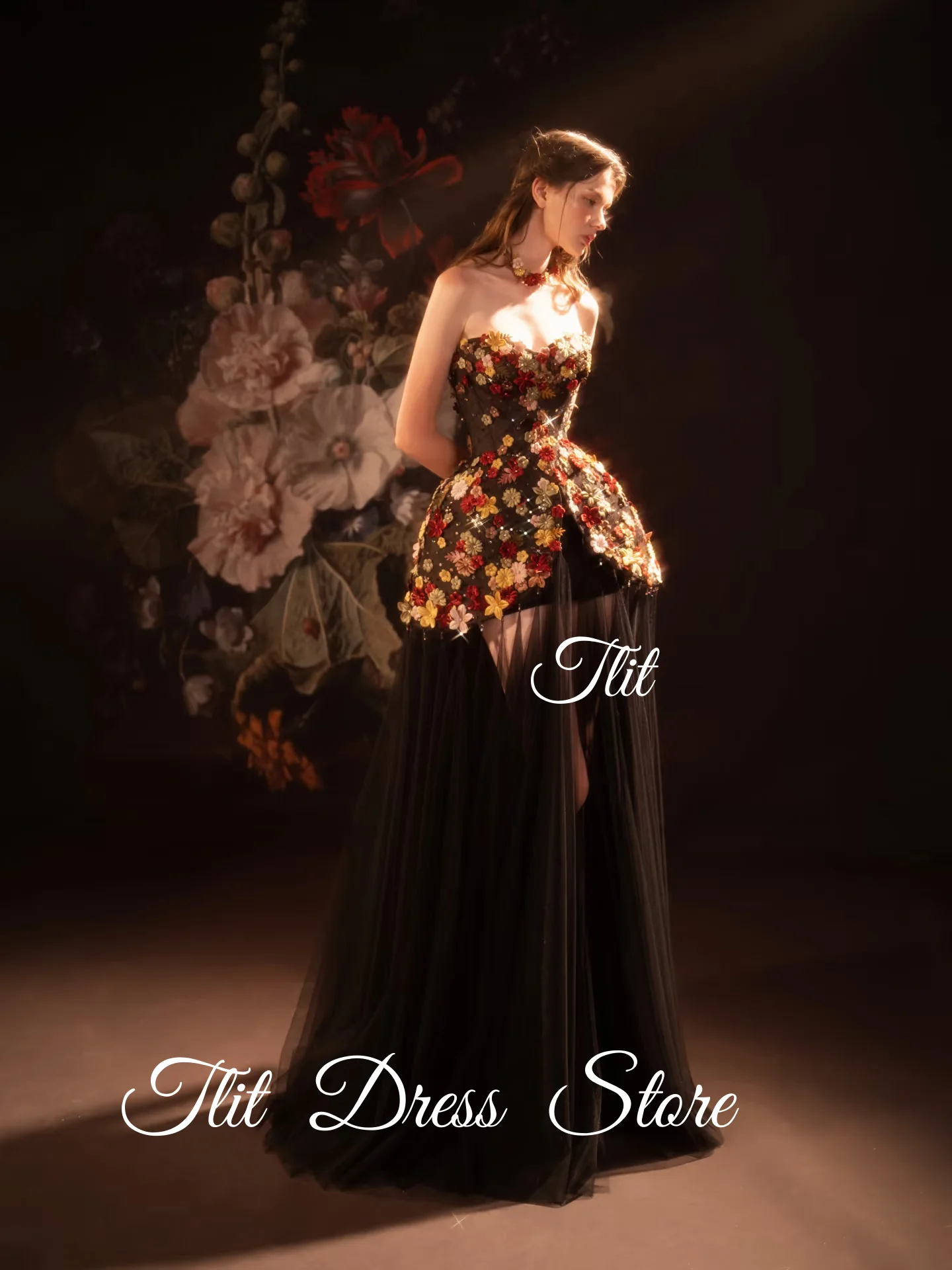 فستان سهرة جميل من الساتان الأسود من TLIT بدون حمالات فستان حفلات صغير ملون على شكل زهور من التول مخصص فيستدوس دي فييستا #3