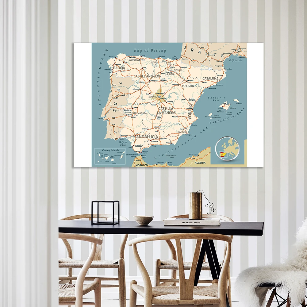 150*100 cm Road Network Map of The Spain Wall Art Poster Non-woven Canvas Painting School Supplies Living Room Home Decoration