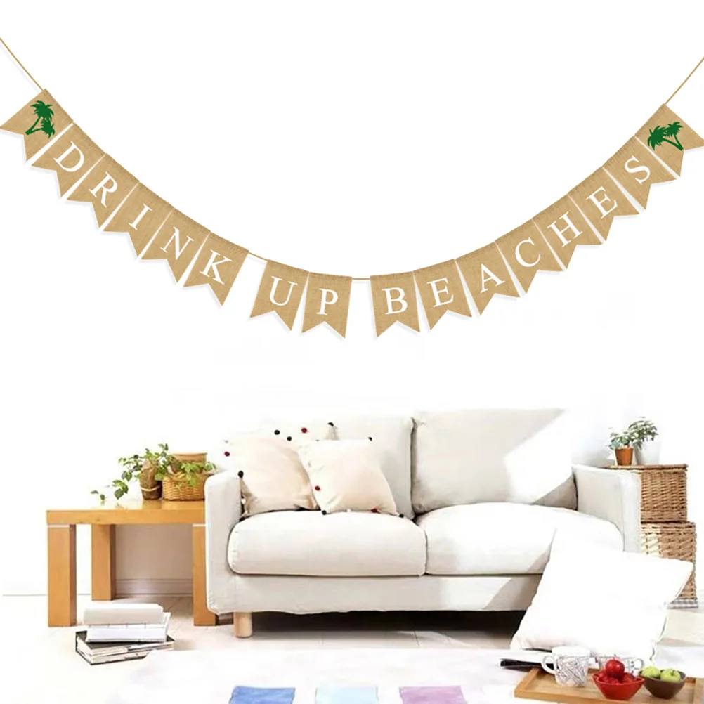 1Pcs Linen Hanging Banner Hawaii Themed Coconut Tree Design Birthday Party Decoration Bunting Flags Photo Background