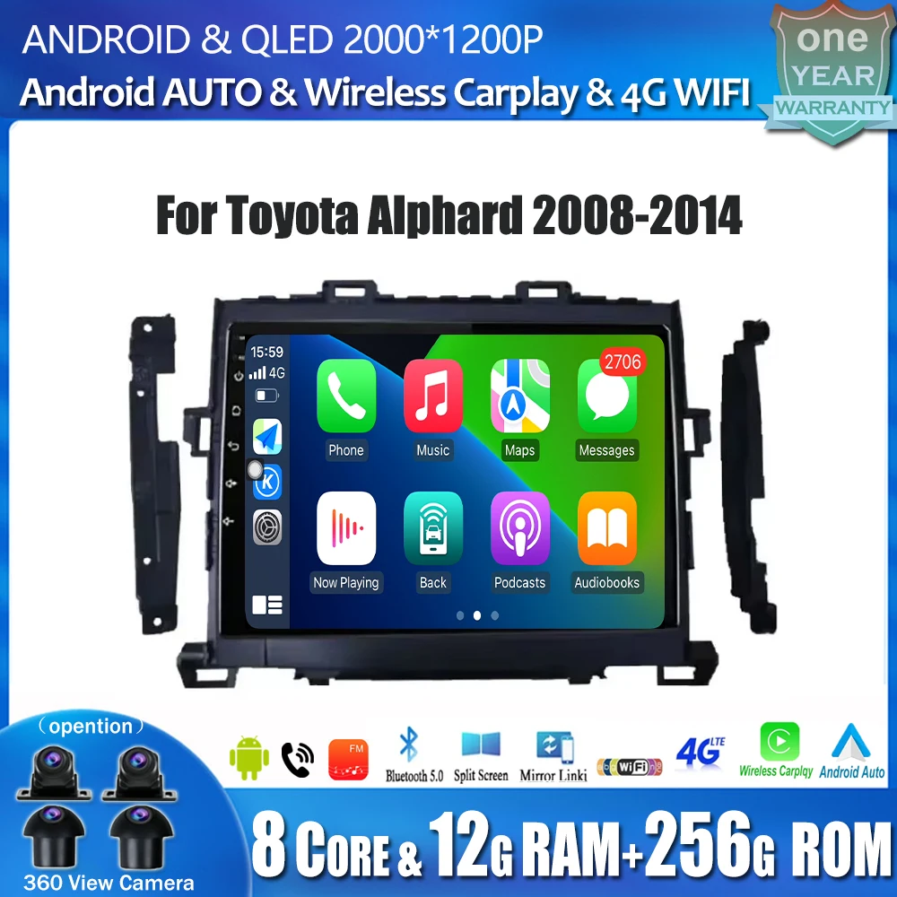 

Android 14 для Toyota Alphard 2008 2009 2010-2014 автомобильное радио, мультимедийный видеоплеер Navi Auto DSP, беспроводной Carplay