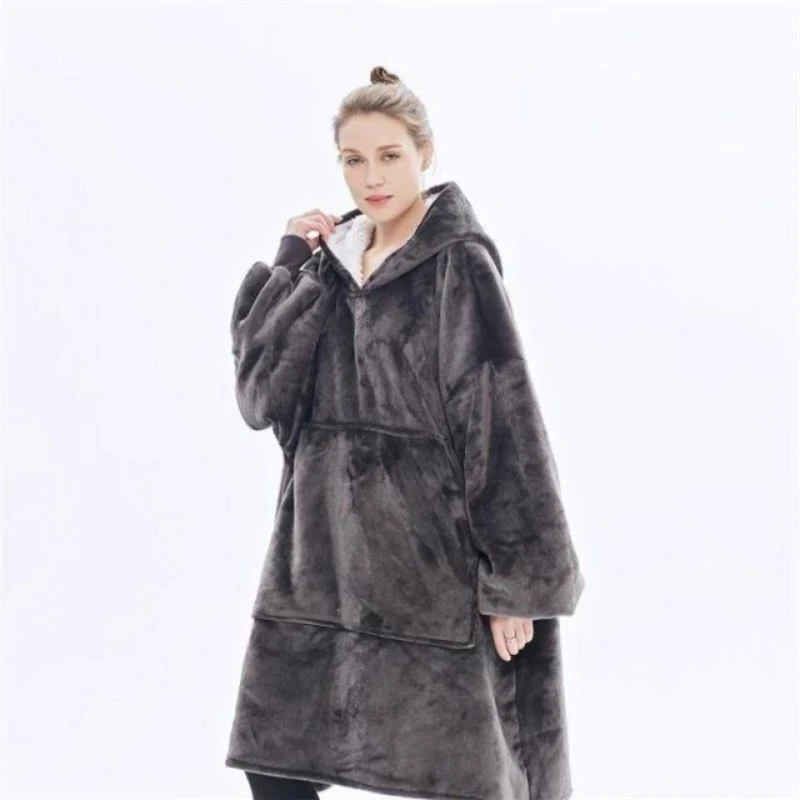 Winter Plush Fleece Sherpa Blanket Warm Pocket Hoodie TV Blankets Loose Long Cold-proof Women Sweatshirts