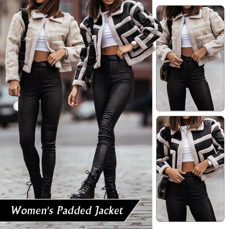 

Women Fashion Suede Plush Lapel Jacket Patchwork Lapel Short Coat 2023 Lady Personality Autumn Winter Warm Streetwear Outwear