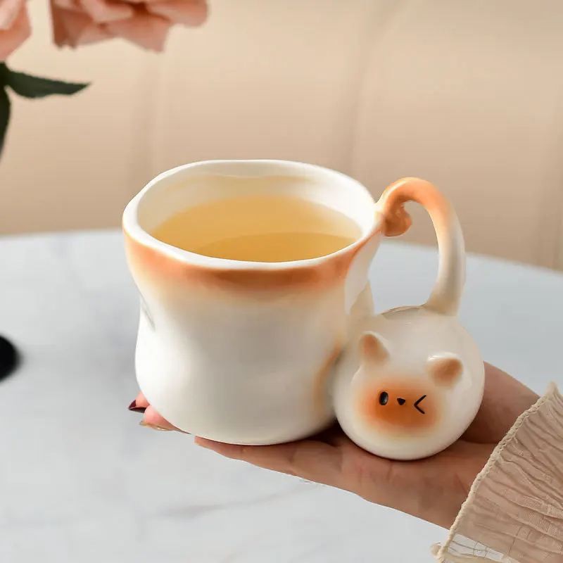 Cute Cat Shaped Ceramic Cup with Underglaze Painted Cartoon Siamese Cat Coffee Cup, Home Breakfast Milk Coffee Cup,Birthday Gift