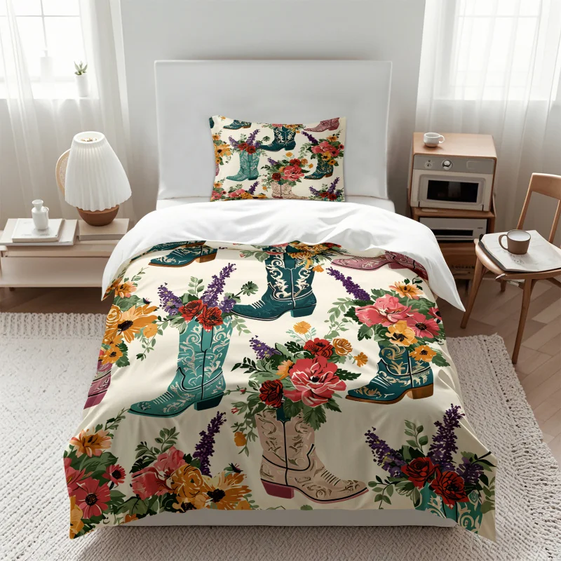 Vintage Western Cowgirl Boots Print Duvet Cover Set Wildflower Floral Bedding Soft Comforter Cover Pillowcases Home All Bed Size