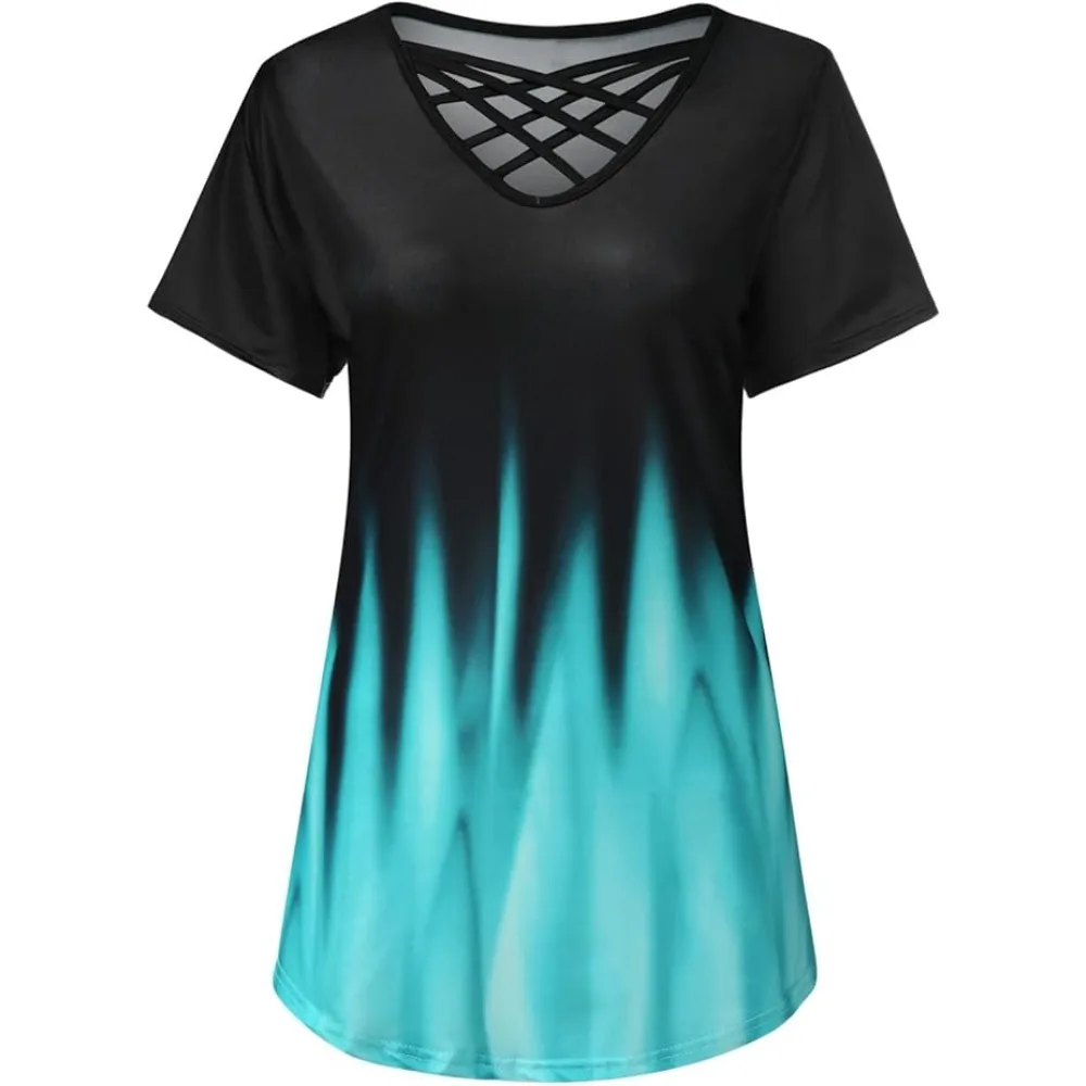حجم كبير 1XL-5XL المرأة موضة نصف كم تي شيرت مطبوعة التدرج BeltT-shirt المرأة عادية اللون التدرج الخامس الرقبة الصليب قميص