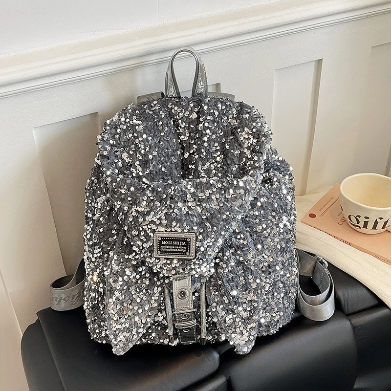 2026 New Women's Backpack Fashion High Quality Glitter Drawstring Backpack Solid Color Versatile Large Capacity Girls' Backpack