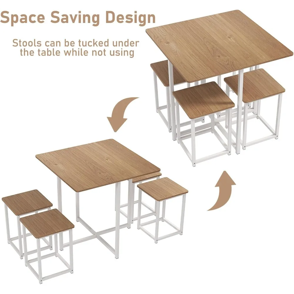 Dining Table Set for 4, Square Kitchen Table w/ 4 Stools, 5 Piece Dinner Table Set w/Metal Frame, Dining Set for Small Spaces, C