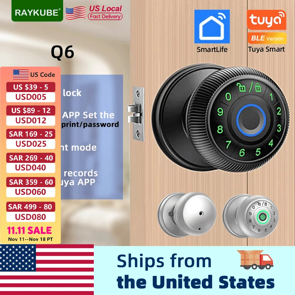 

RAYKUBE Q6 Tuya BLE Smart Fingerprint Door Lock Electronic Lock with Password/Key/Smartlife/Tuya APP Unlock For Bedroom From USA