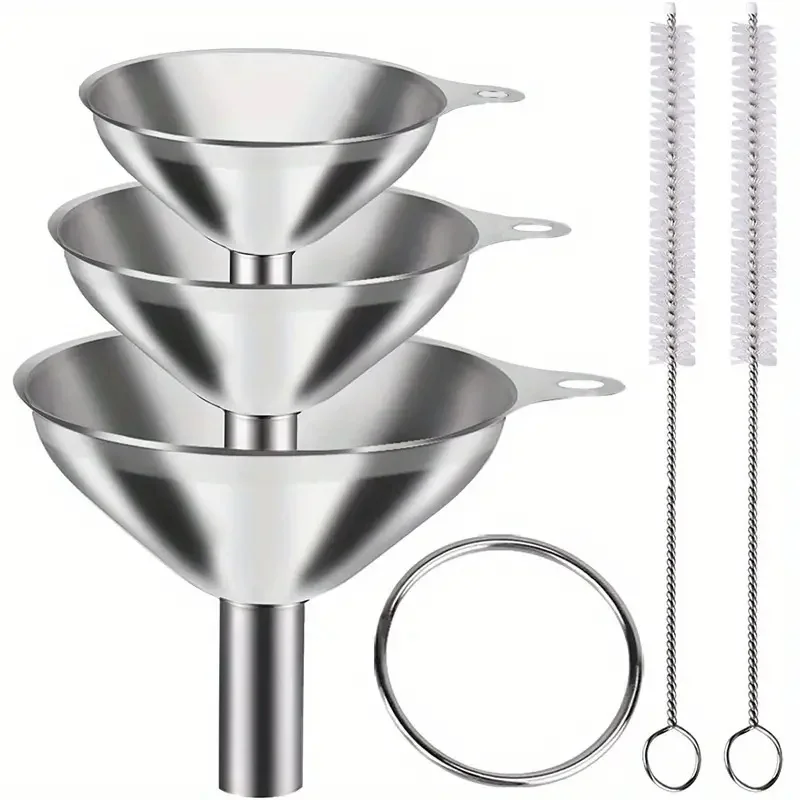 STAINLESS STEEL FUNNEL 5-PIECE SET, HOUSEHOLD MULTI-SIZE METAL LIQUID FUNNEL, WITH HANGING LOOP FOR EASY STORAGE, SUITABLE FOR COOKING OIL, BEVERAGES, SAUCE AND HONEY, MULTI-SIZE KITCHEN FILLING TOOLS, EASY TO CLEAN