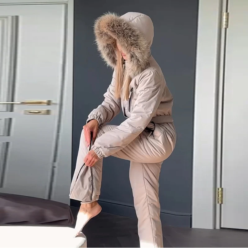 Ski-Overall mit Kunstfellkragen, tailliert, für Damen, sportlich, mit Kapuze, Laternenärmeln, Reißverschlüssen, schmal geschnitten, Winter-Skibekleidung für Damen – Detail 35