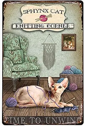 Vintage Metal Poster Funny Bathroom Metal Tin Signs Knitting Corner Sphynx Cat Tin Sign for Bathroom Office Home Farmhouse  sign
