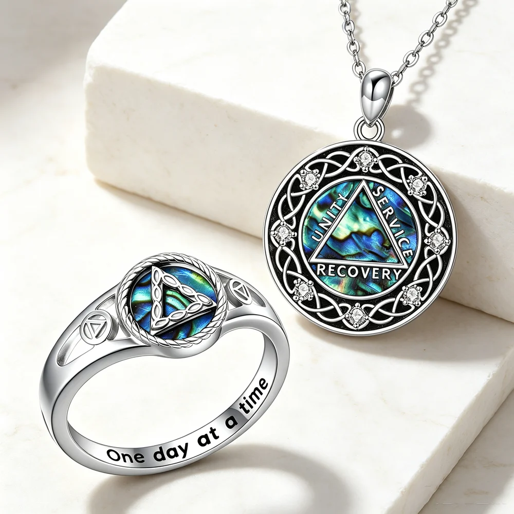 AA Sobriety Jewelry Set Unity Service Recovery Abalone Shell Celtic Knot Pendant Necklace, Triangle Ring Recovery Keepsake Gift