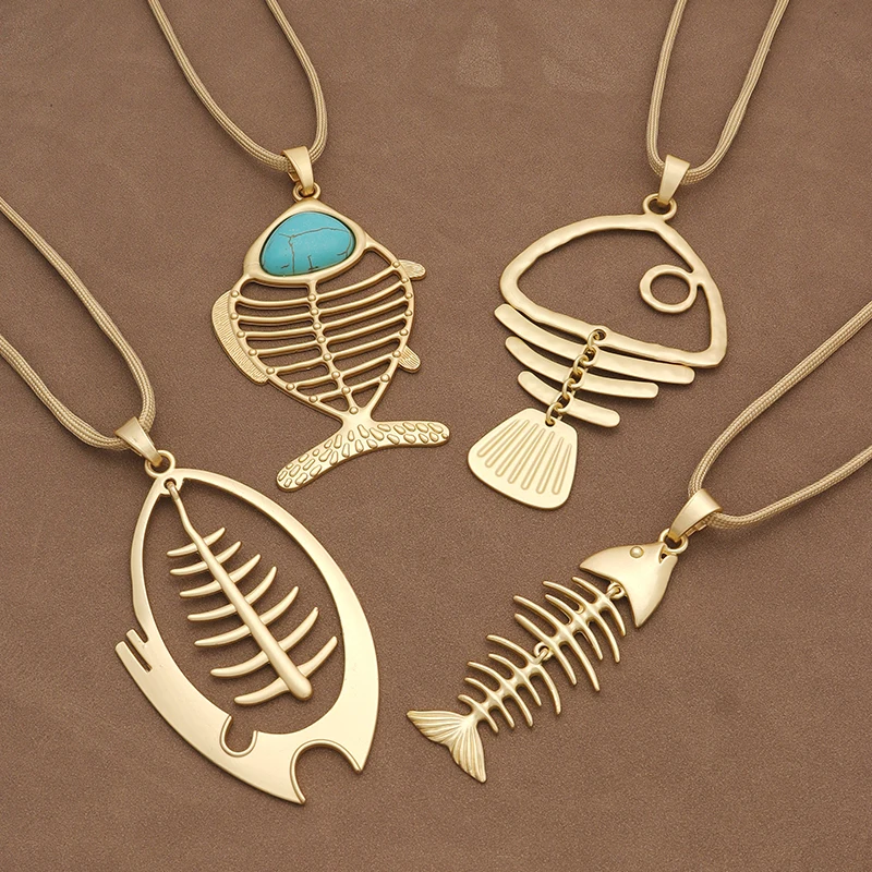 

1 x Matte Gold Large Fishbone Punk Pendant Bohemia Rope Chain Chunky Necklace Jewellery Gift For Woman,Daily Wear Accessories