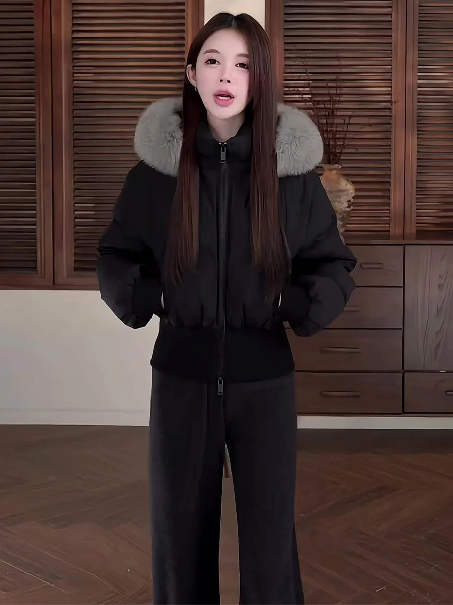 

Women's ort Bla down Jaet 90% Du down Thi Warm Zipper Coat Large Fur Collar Casual Sle Winter Outerwear