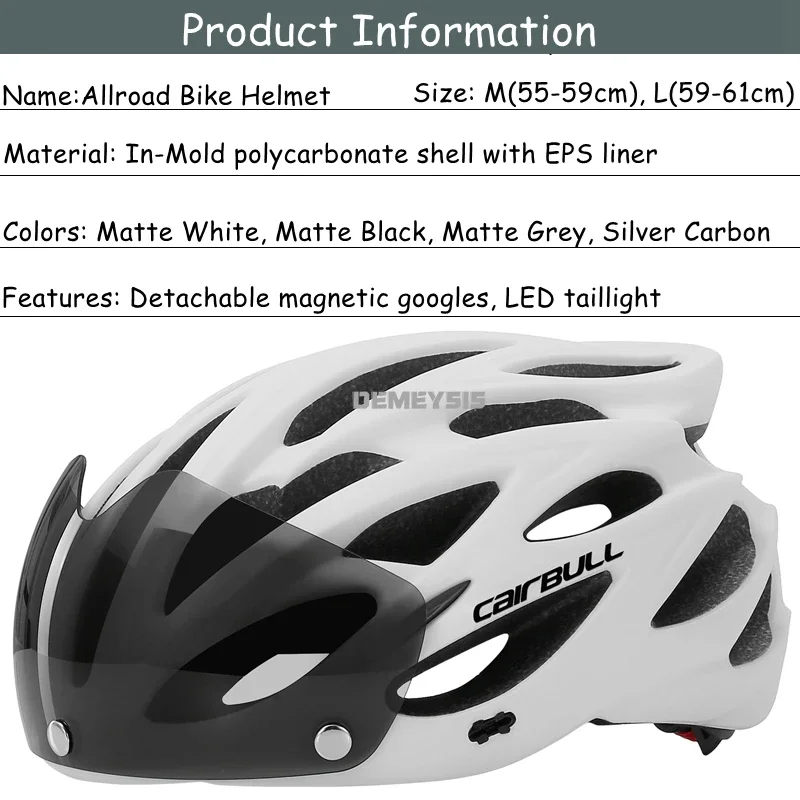 Intergrally-molded Mountain Bike Helmet with Removable Goggles Visor Adjustable Men Women Bicycle Cycling Taillight Helmet