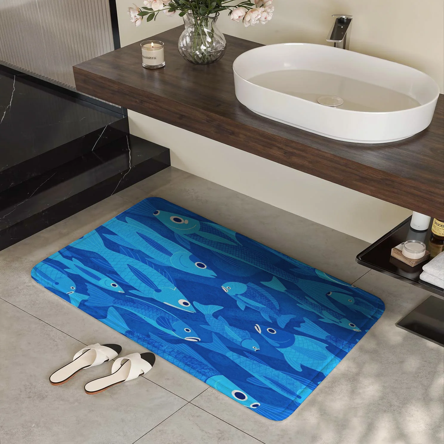 Waterproof Blue Fish Print Bath Mat Rug for Bathroom Decor Home Runner Entrance Mat Tropical Aquatic Style