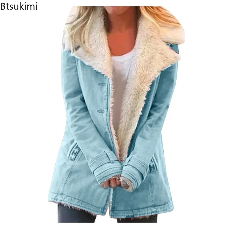 Autumn Winter Solid Color Plush Lapel Jacket Women 2026 Thick Warm Parka  Cotton Padded Coat Casual Medium Length Jacket Coats