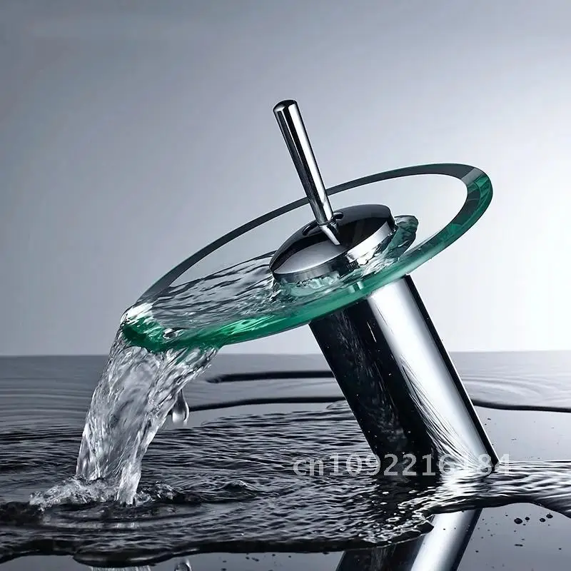 Brass Glass Single Bathroom Faucet Basin Faucet Waterfall Mixer Bathroom Hole Handle Dual Tap Single Cold&Hot Control