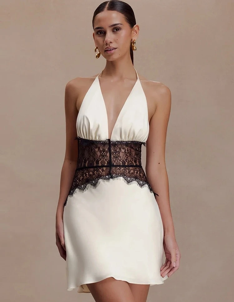 Vestido de noche de satén para mujer, minivestido de fiesta ajustado con espalda descubierta y cuello Halter de retazos de encaje, ropa de fiesta de noche de corte A