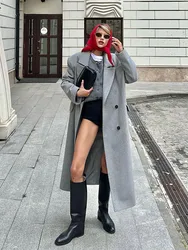 2024 Autumn Winter Wool Coat Women Chic Grey Lapel Double-breasted Loose Warm Wool Outerwear Office Lady Commute Streetwear