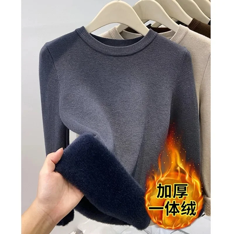 

Women's O-neck Plus Velvet Thicken Sweaters Winter Slim Warm Long Sleeve Knitted Tops Casual Plush Fleece Lined Soft Pullover