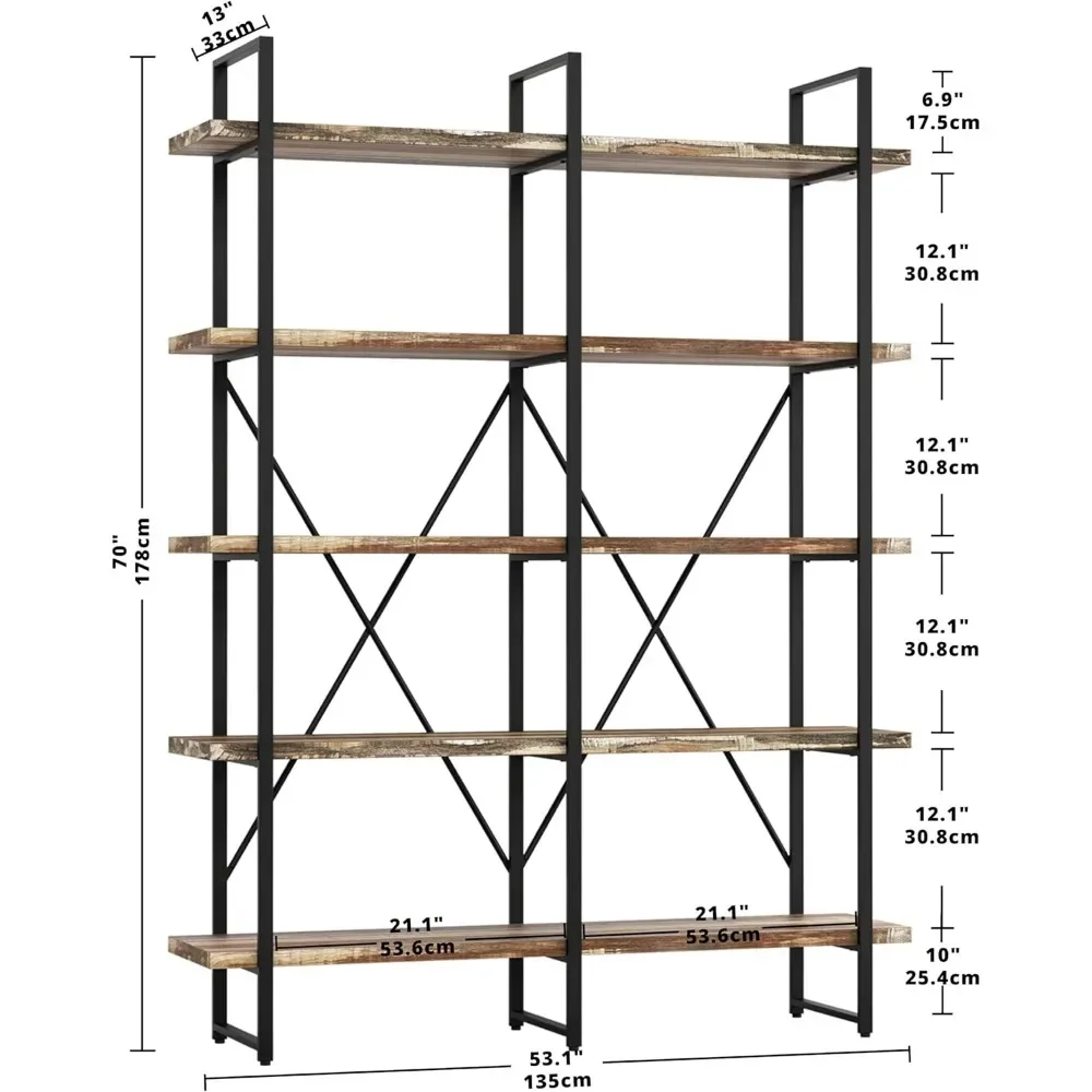 Bookshelves, double-width 5-layer open bookshelves, retro industrial large shelves, wood, metal bookshelves, office furniture