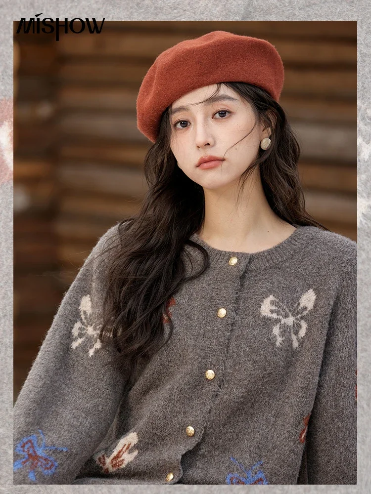 MISHOW Grey Butterfly Short Knitted Cardigan Women Single-breasted Design Yarn Fabric Plush Sweater Soft Warm Tops MXD57Z1009