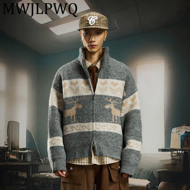 

MWJLPWQ Stand Collar Zipper Cardigan Knitted Color Block Sweater Men's Tide Streetwear Long Sleeve Autumn Winter Wool Coat 12615