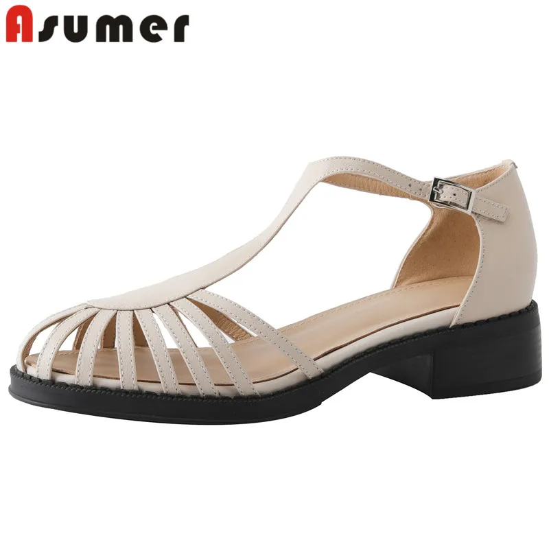 

ASUMER 2024 New Gladiator Sheepskin Shoes Woman Square Med Heels Dress Shoes Buckle Summer Ladies Shoes Footwear