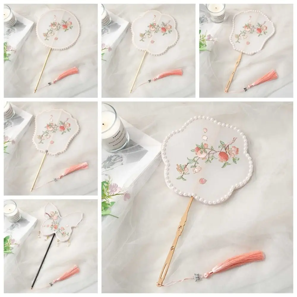 

Handmade Embroidery Ancient Style Long Handle Fan Classical Portable Flower Shape Fan Exquisite Pearl Tassel Qipao Circular Fan