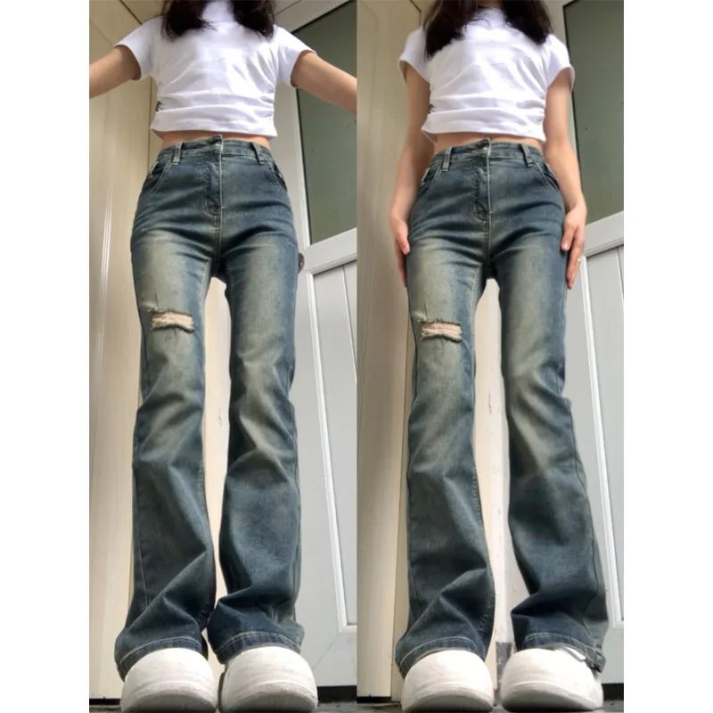

American Sle Retro Crop Flared Jeans Women Spring Autumn High Waist Slim Straight Jeans Breathable Worn Hole Design Boot Cut