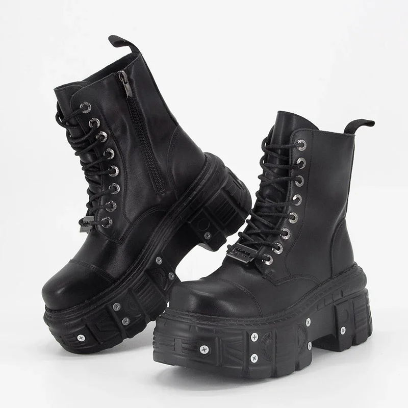 

New Punk Style Women Boots Lace-up Heel Height Platform Shoes Couple Gothic Ankle Rock Metal Decor Man Walking Sneakers Black