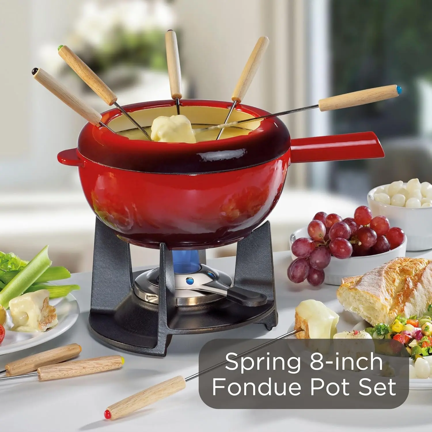 Conjunto de pote de fondue de 8 polegadas - aço inoxidável, fogão a gás tradicional, pote removível com espetos, para frutas, queijo, caldo,