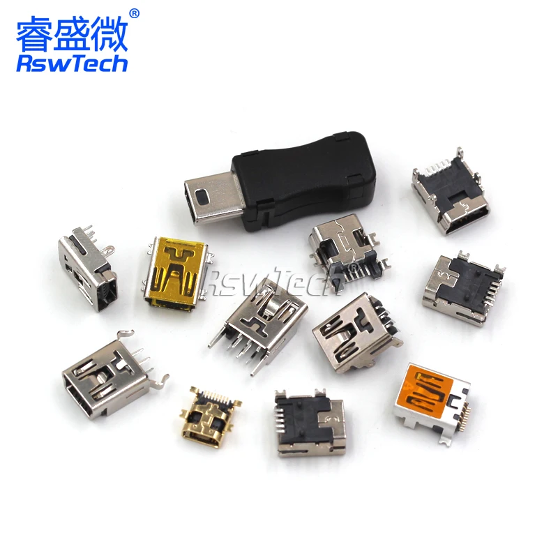 10Pcs MINI-USB female socket mini USB socket plug T-type female 5P straight plug/smdp/with shell/welding wire