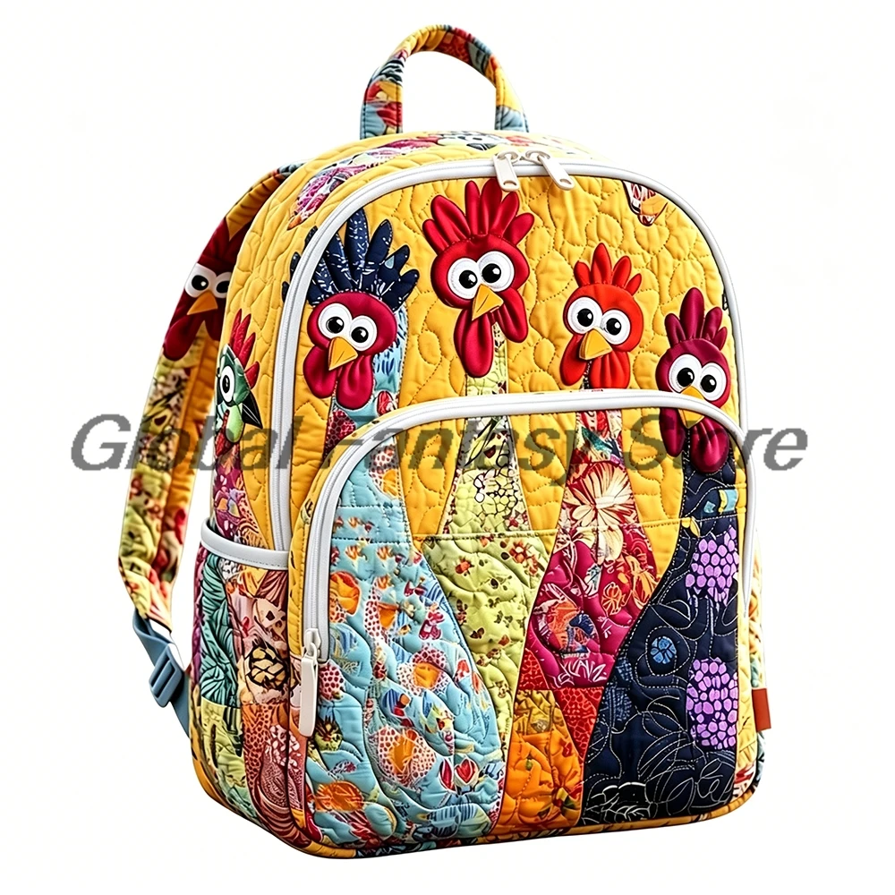 Whimsical Chicken Quilted Backpack Farmhouse Colorful Patchwork Daypack Travel Bag Women Men Outdoor Packsack