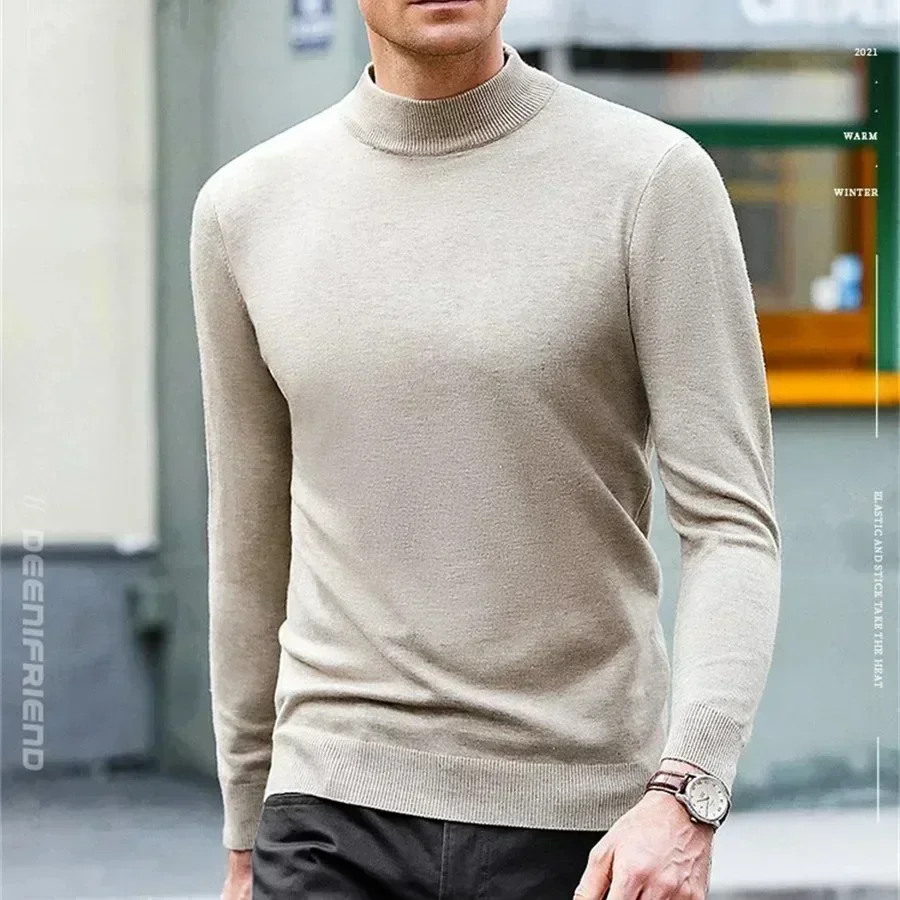 Luxury Brand Men's Mock Collar 100% Pure Woolen Sweater Tops Autumn Winter Cashmere Sweater Pullover Male Warm Knitwear Sweater