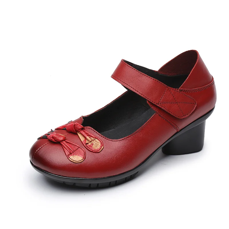 Plus Size 35-42 Geunine Leather Flats Woman Mom Ethnic Mary Jane Shoes Luxury Brand Mid-aged Chunky Heeled Pumps 2024 Spring New