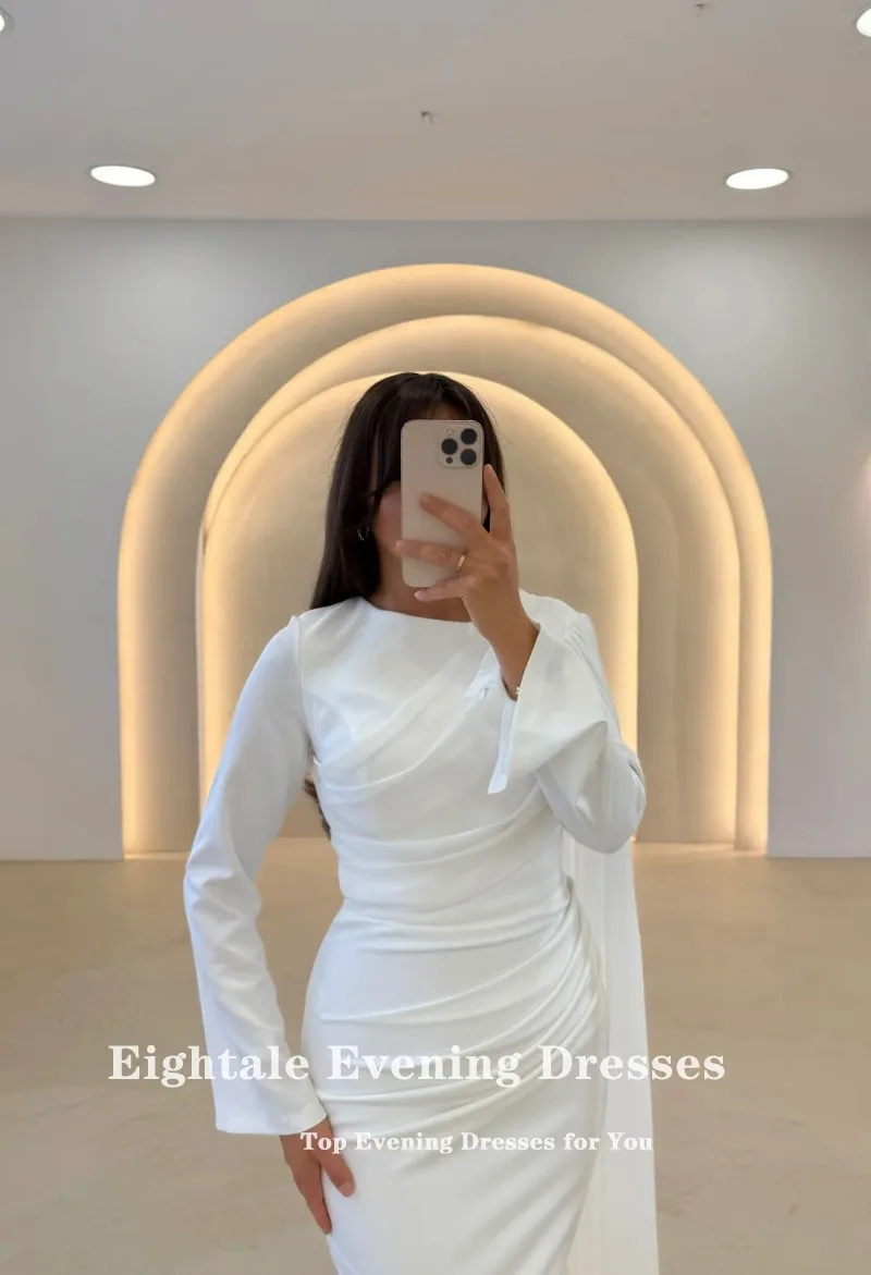 

Eightale Arabic Wedding Dress O-Neck Customized Pleats Long Sleeves Muslim Bridal Gown Mermaid Bride Party Dress