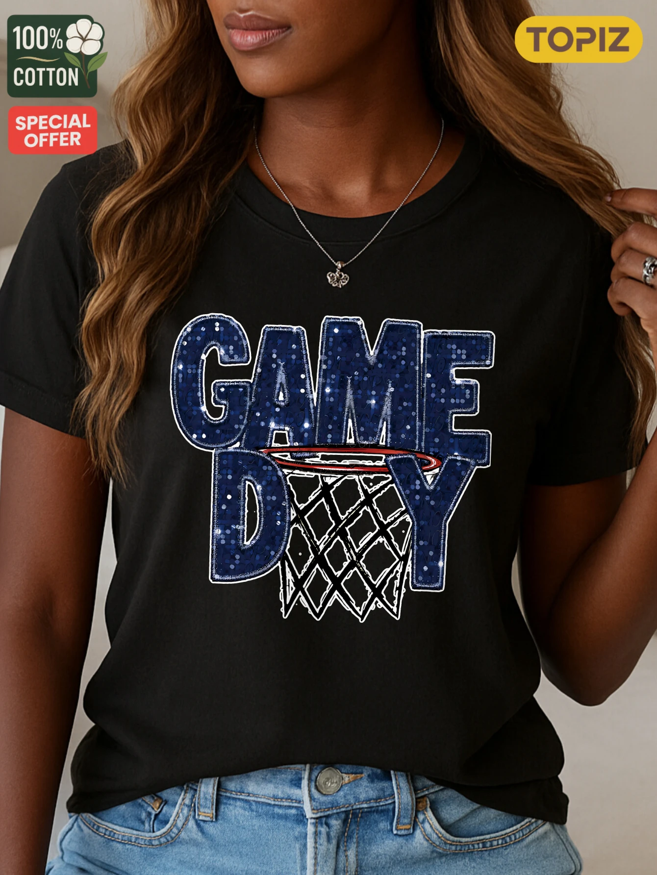 T-Shirt pour femmes, haut décontracté à manches courtes et col rond, T-Shirt graphique, Design de cerceau de basket-ball Game Day, 100% coton, chemise