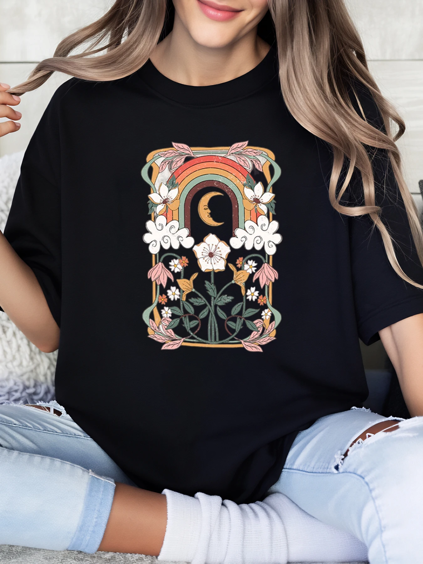 Camiseta informal de Halloween con estampado floral de luna y arcoíris para mujer, ropa de fiesta para niñas, color negro, talla grande