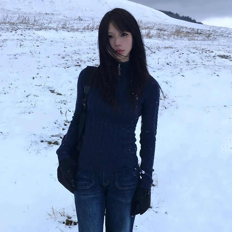 Karrram Japanese Y2k Slim Pullover Vintage Harajuku Navy Blue Sweater 2000s Style Knitted Tops Korean Fashion Knitwear Elegant