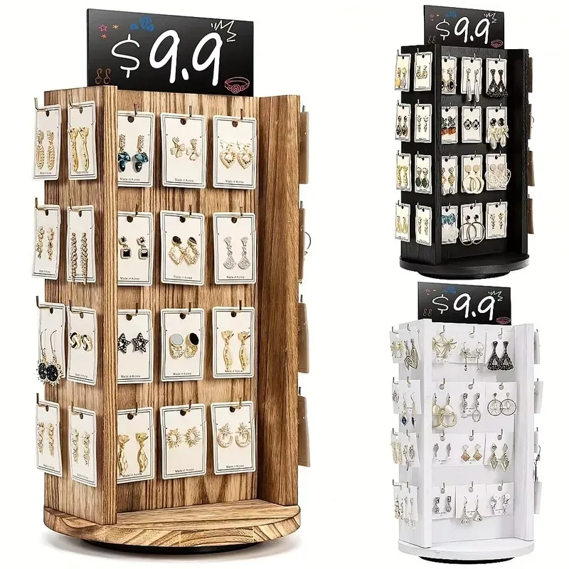 Rustic Solid Wood Rotating Earring Display Stand with Billboard - 40 Hooks Jewelry Storage Rack for Boutiques, Craft Shows