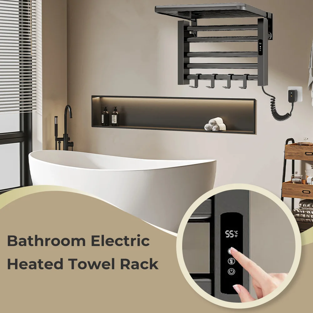 Matte Black Bathroom Electric Heated Towel Rack with Digital Display Touch Thermostatic Dry Towel 304 Stainless Steel Heater