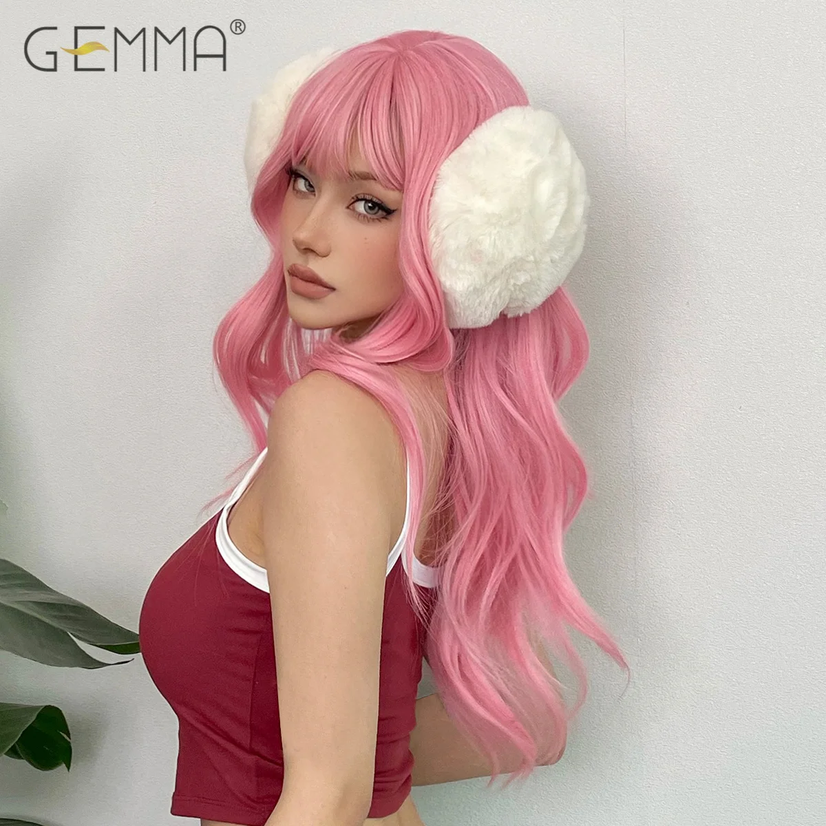 Gemma Synthetische Lichtroze Cosplay Pruik Met Pony Lang Golvend Natuurlijk Haar Pruiken Voor Witte Vrouwen Lolita Party Warmte Reisitant Pruik