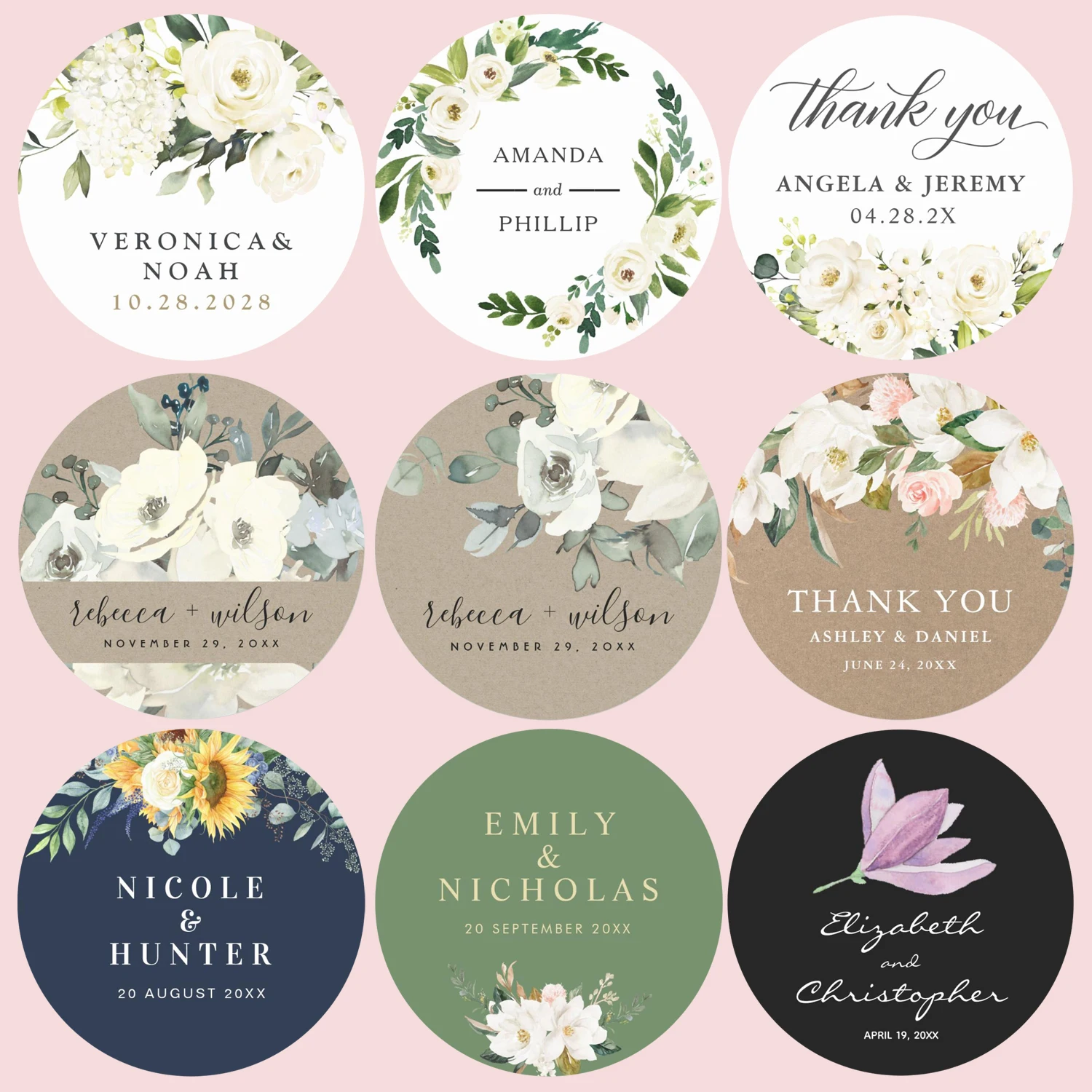 

Personalized Wedding Stickers, Round Custom Wedding Stickers with Elegant Rose Floral, Wedding Gift Sticker