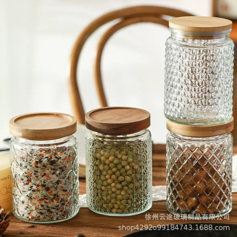 Embossed Glass Sealed Jar Household Kitchen Multi-grain White Sugar Dried Fruit Snack Storage Jar Tea Glass Container Home Decor