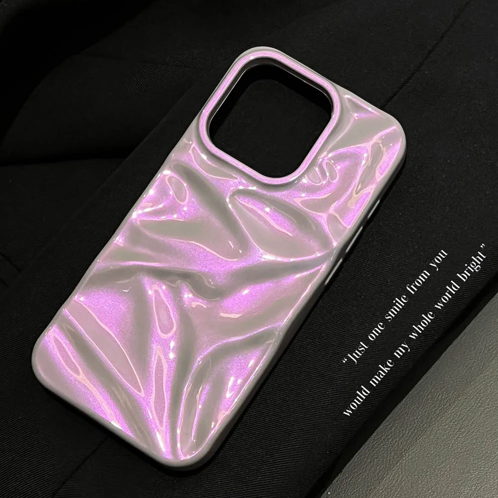 Colorful Purple Pink Glossy Wrinkled Phone Case For iPhone 16 15 14 Plus 13 12 Pro Max 11 Solid Color Soft Shockproof Back Cover