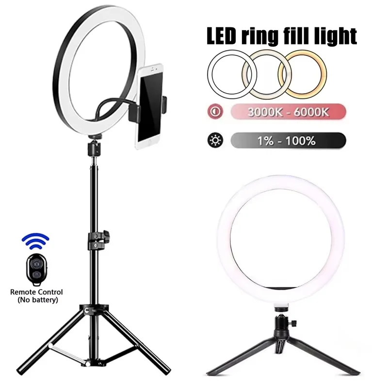 Anillo de luz LED para Selfie, iluminación de relleno LED regulable para fotografía con trípode, Control remoto por Bluetooth para grabación en vivo de vídeo de teléfono
